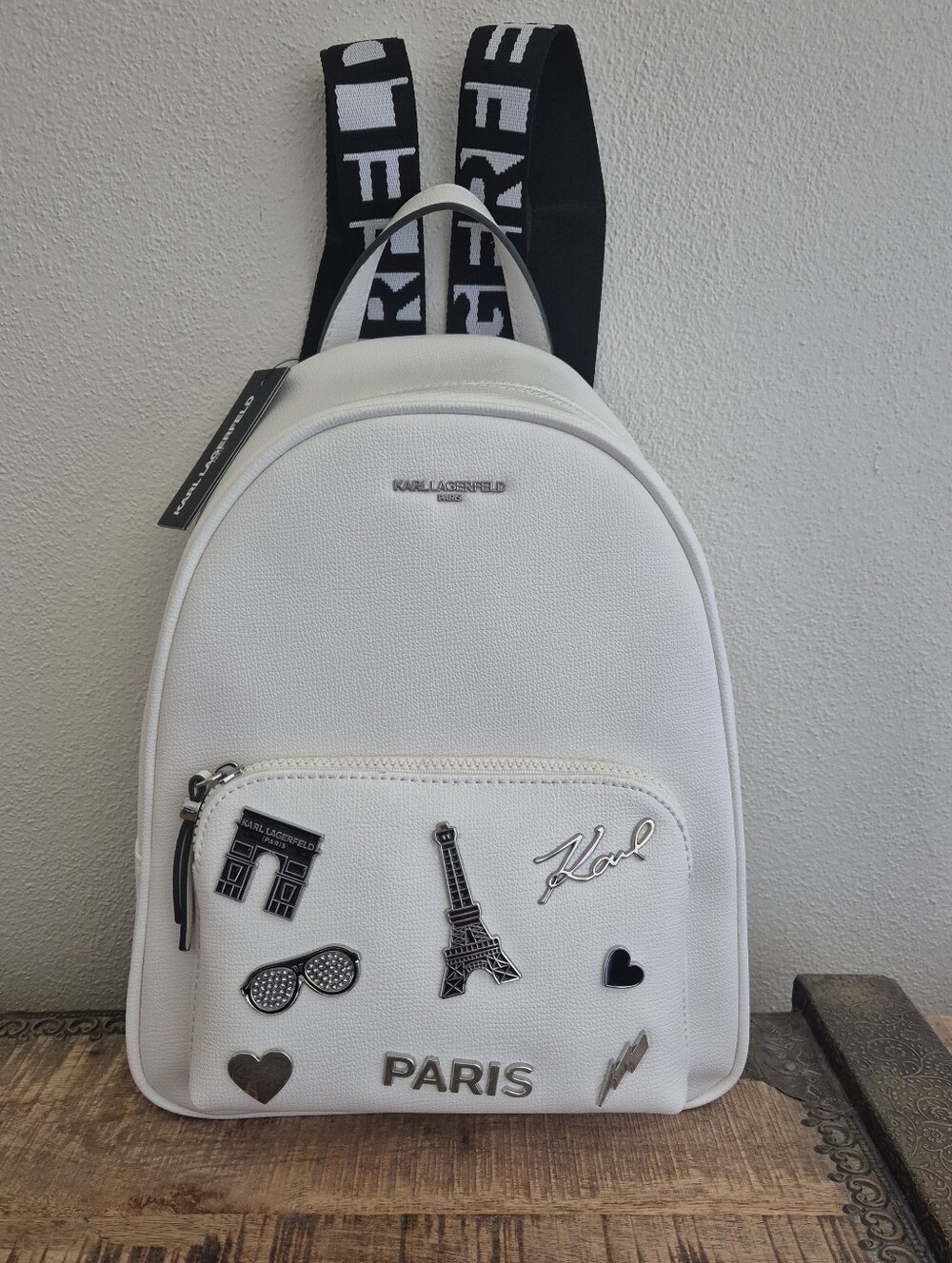 Karl Lagerfeld Paris White Backpack with Paris Charm Accents